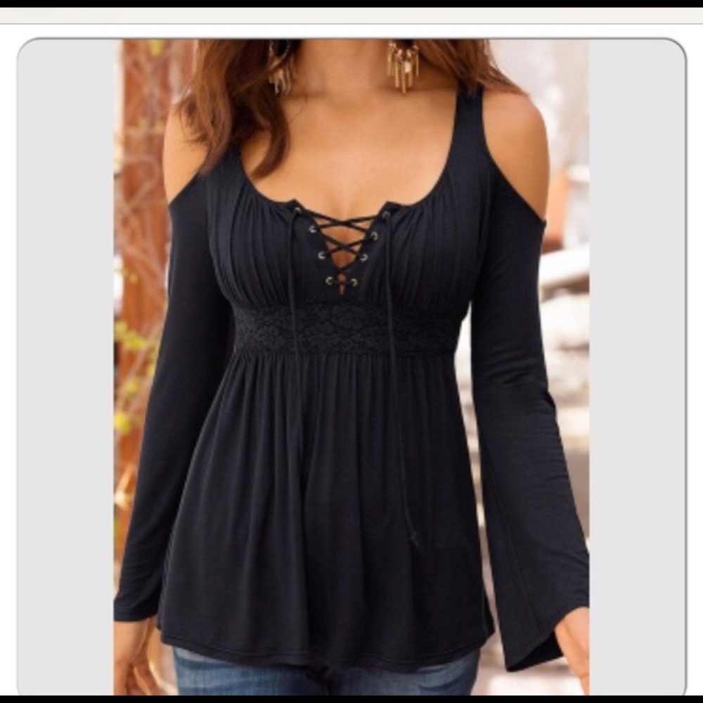 Sexy Black Cut Out Lace Up Blouse